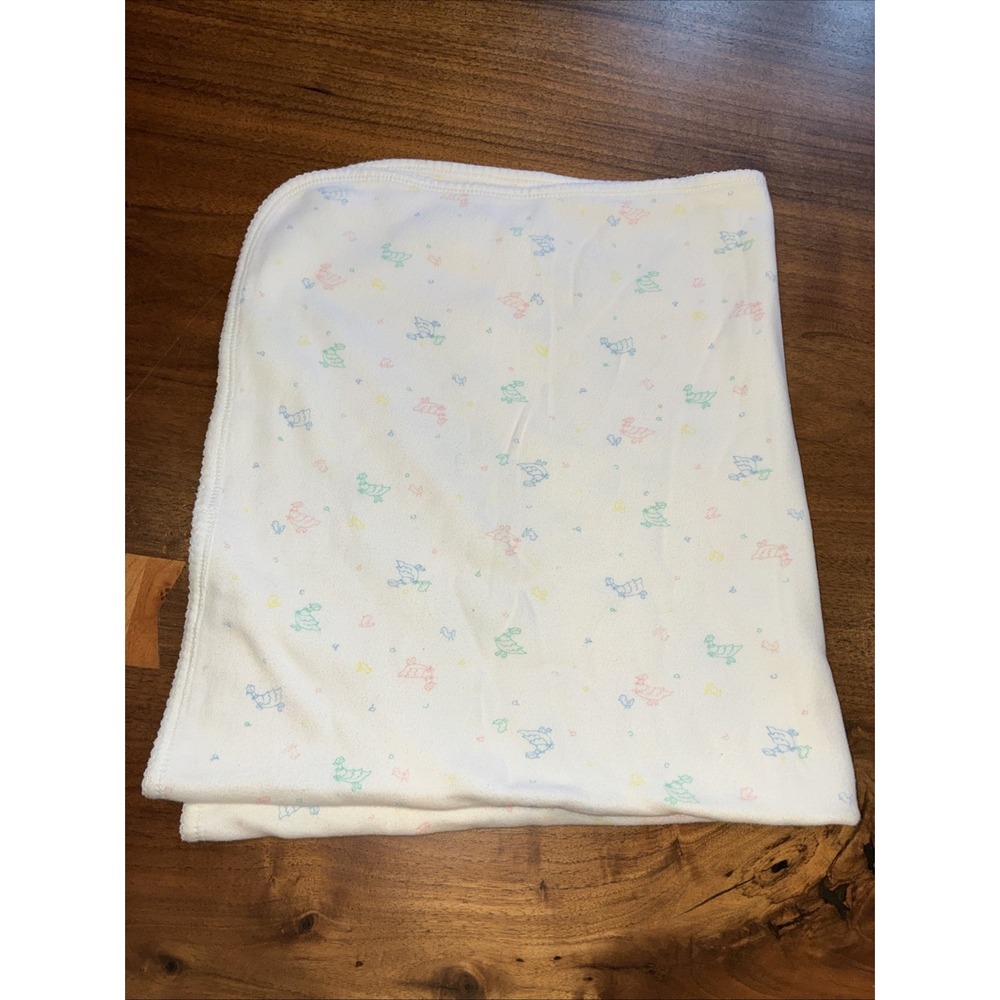 Vintage 80s Once Upon a Time White Cotton Baby Blanket Pastel Geese Duck 56x30